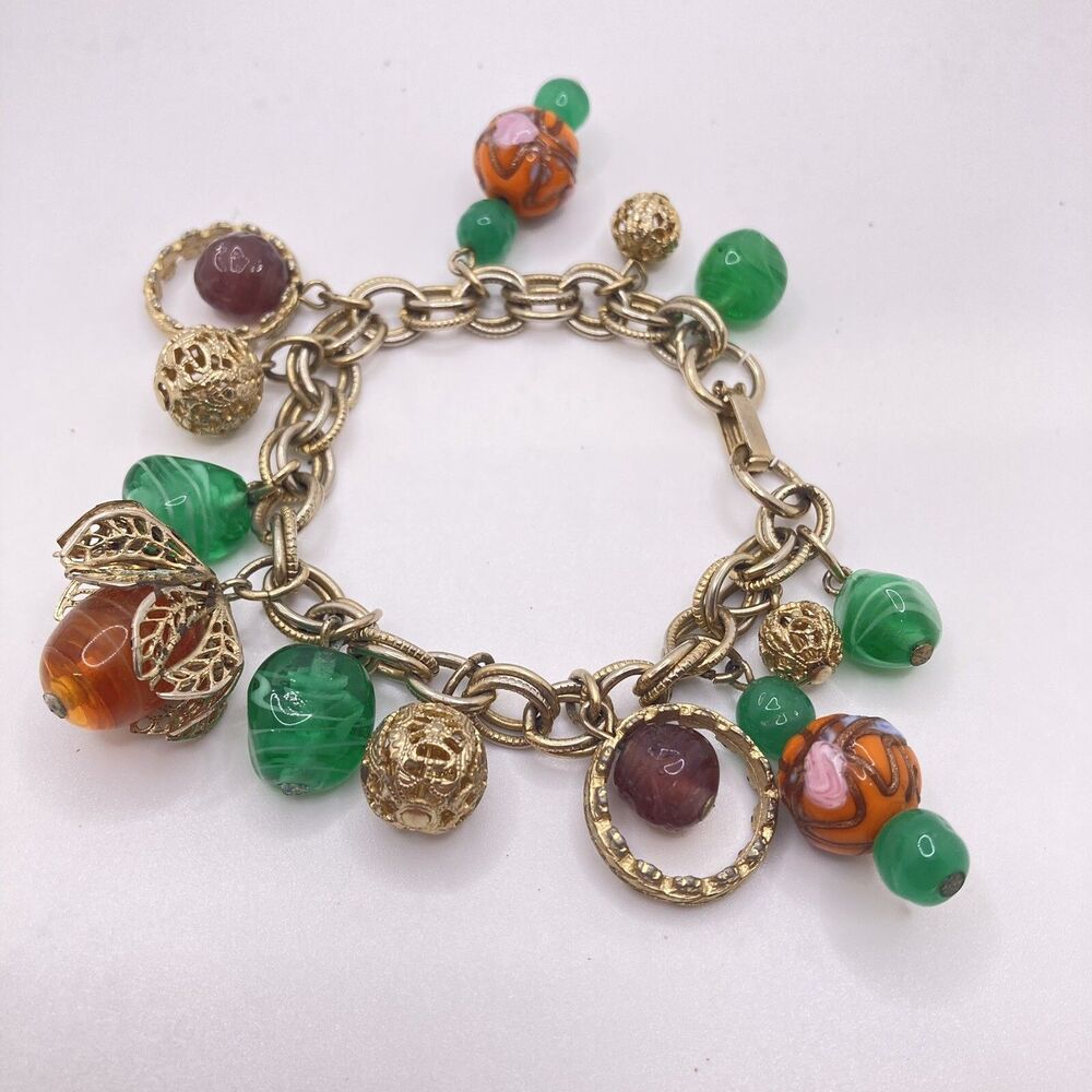 VTG VENETIAN OR CZECH ART GLASS CHARM GOLD FILIGREE BRACELET